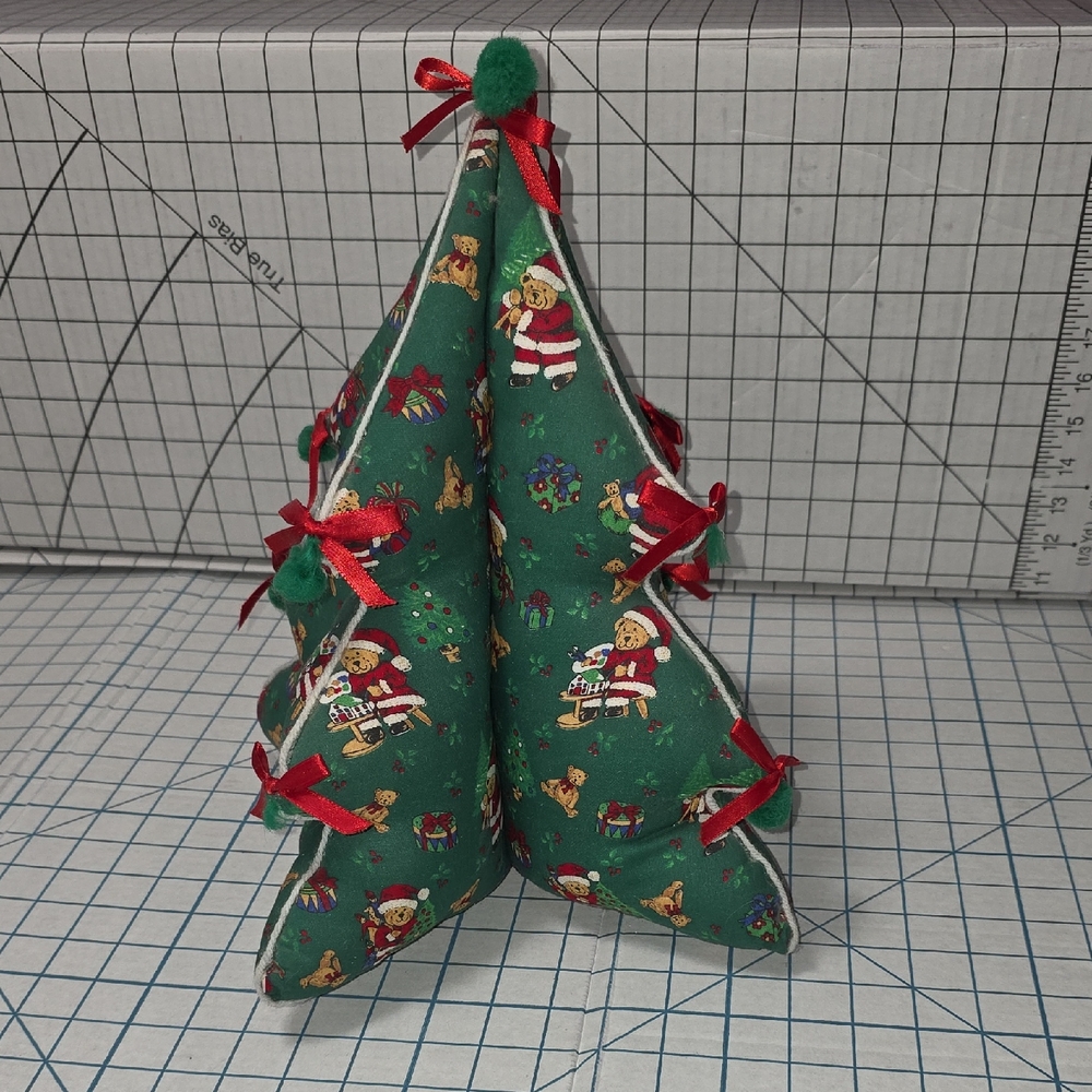Soft Stuffed Green Holiday Christmas Tree Decor, Santa Bear Material, Vtg 80s